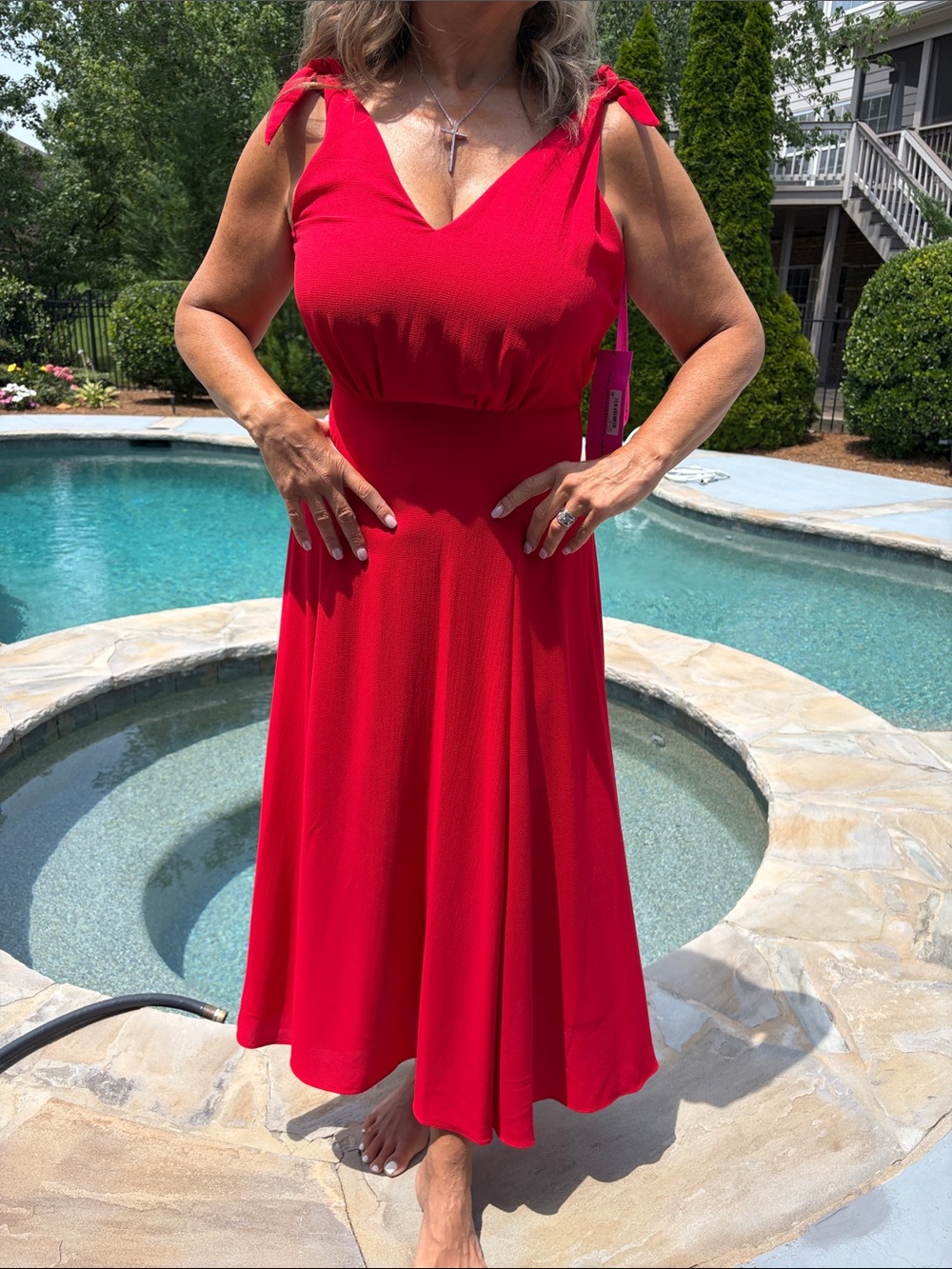 Betsey Johnson Vibrant Red Tie-Shoulder V-Neck Midi Dress